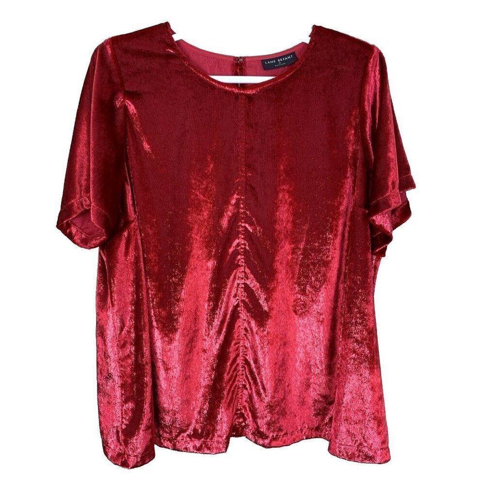 Lane Bryant Womens Short Sleeve Blouse 24 Red Velour Top Party Shimmer Holiday